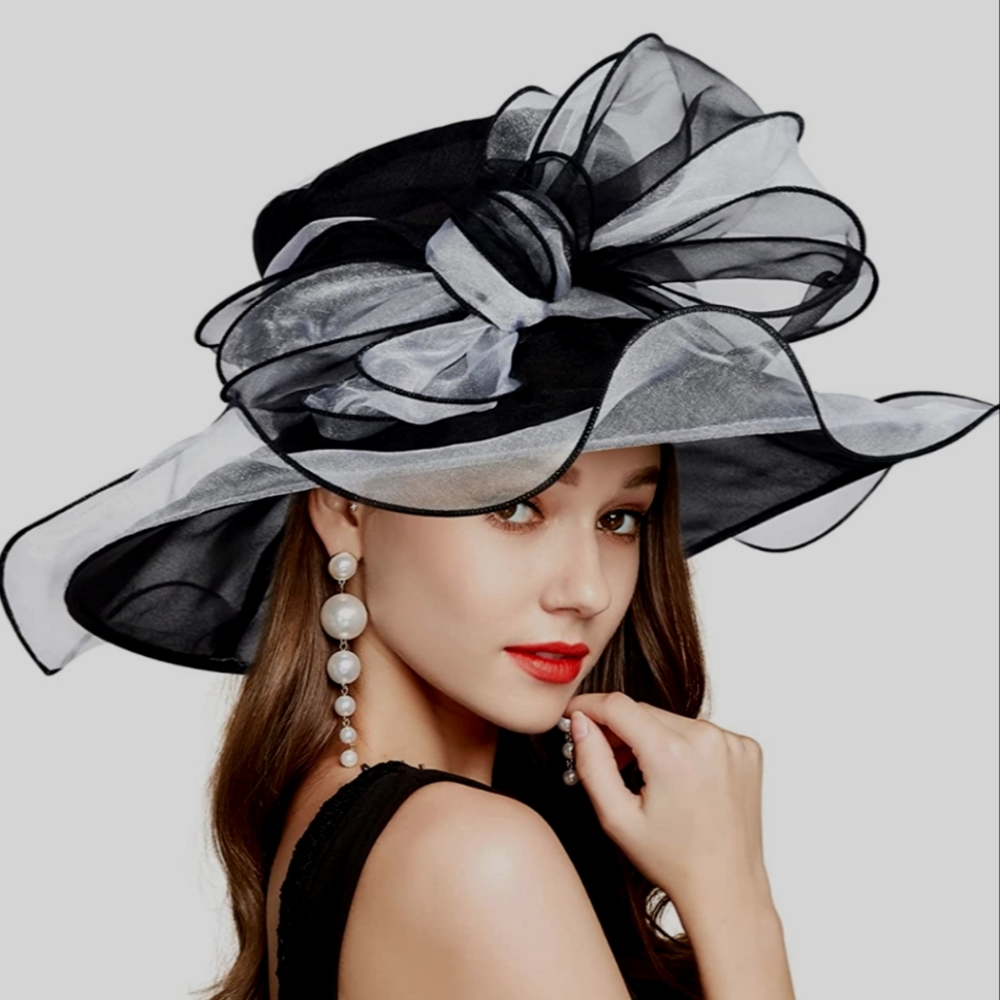 Stunning Fine Black White Elegant Big Bow Organza Wide-Brim Hat Church Funeral